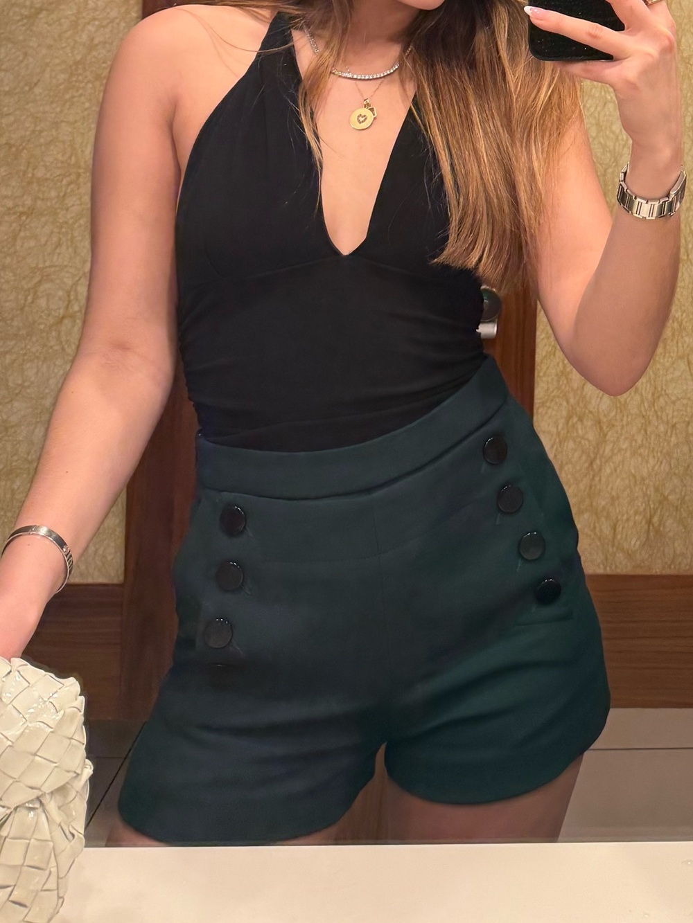 Sandro Black Halter Bodysuit with Forest Green High-Waist Shorts